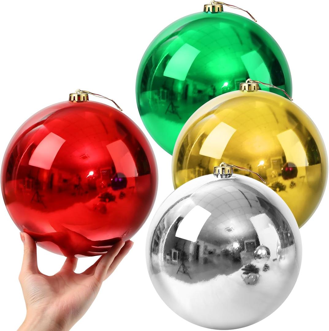 Zubebe 4 Pcs Extra Large Christmas Ball Ornaments 8'' (200 Mm) Giant Oversized Commercial Grade Plastic Balls Xmas Hanging for Outdoor Indoor Holiday Decor(Red, Green, Silver, Gold)