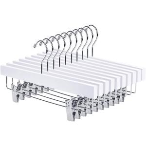 Nature Smile Wooden Pants Hangers Wood Bottom Jeans Skirt Hanger with Clips Anti Rust Hook Pack of 10 (White)