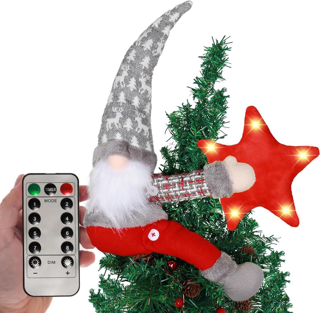 Christmas Tree Topper Gnome Decorations with Lights,21.7 Inches Handmade Embrace Christmas Tree Gnome with Lighted StarChristmas Home Decor Curtain Tie Wine Bottle DecorationGrey hat