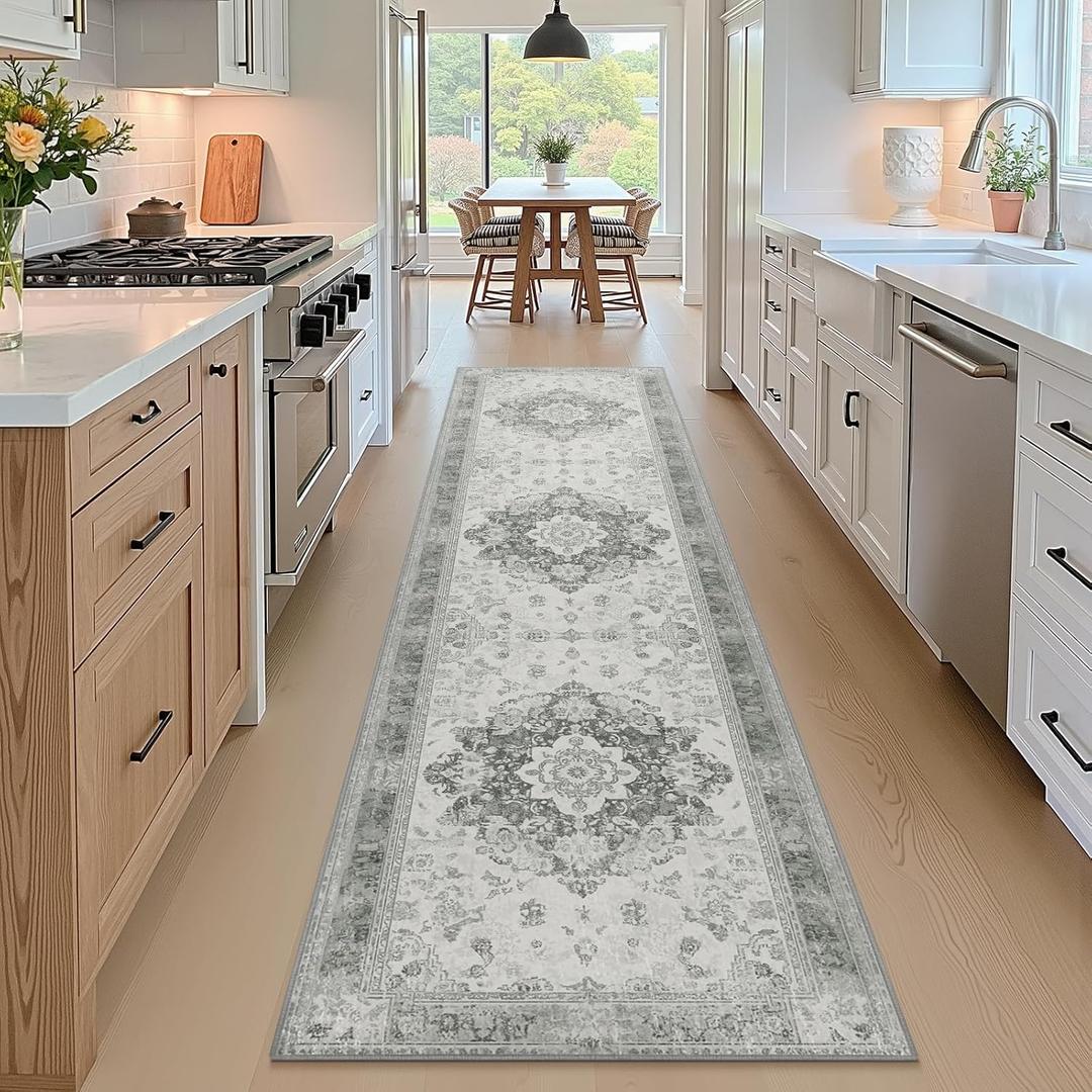 2x8 Machine Washable Non-Slip Rug & Mat - Soft Faux Wool & Polyester, Boho Stain-Resistant Indoor Carpet for Bathroom, Hallway, Kitchen, Entryway, Laundry, Living Room, Low Pile, High Traffic (Grey)