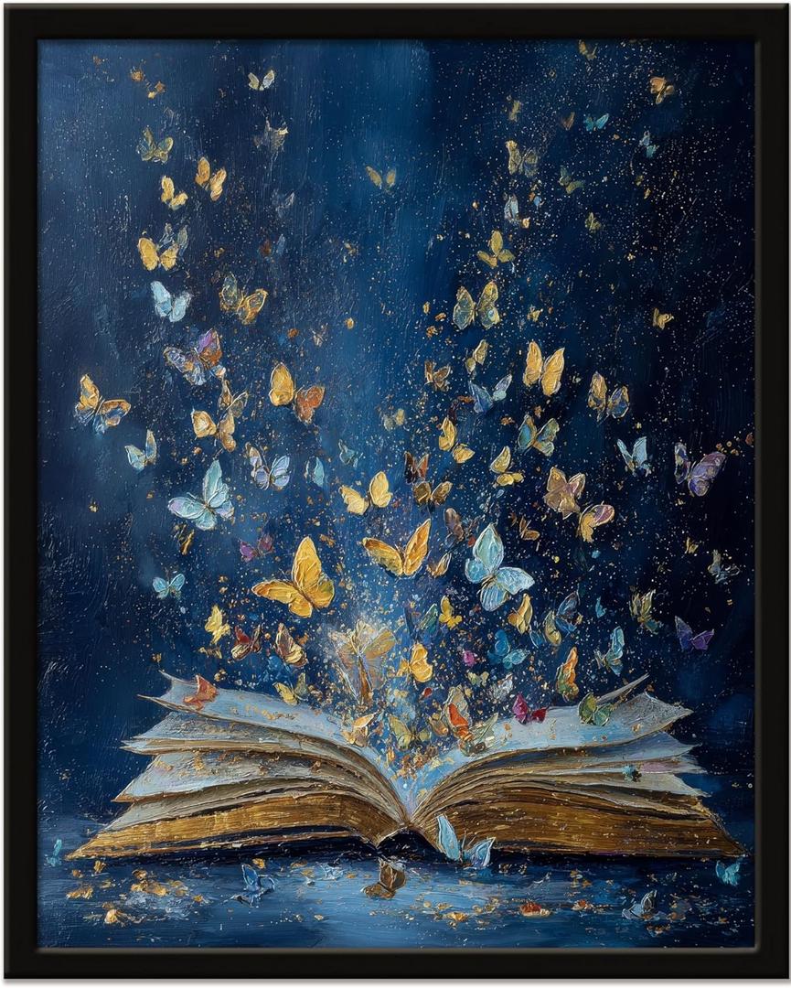 2 x Wall Art Prints Colorful Butterfly Emerging From Book Poster Canvas Art Wall Decor Picture For Bedroom Dorm Library Reading Room Bathroom Wall Decor Aesthetic Home Artwork 8" 10" With Framed