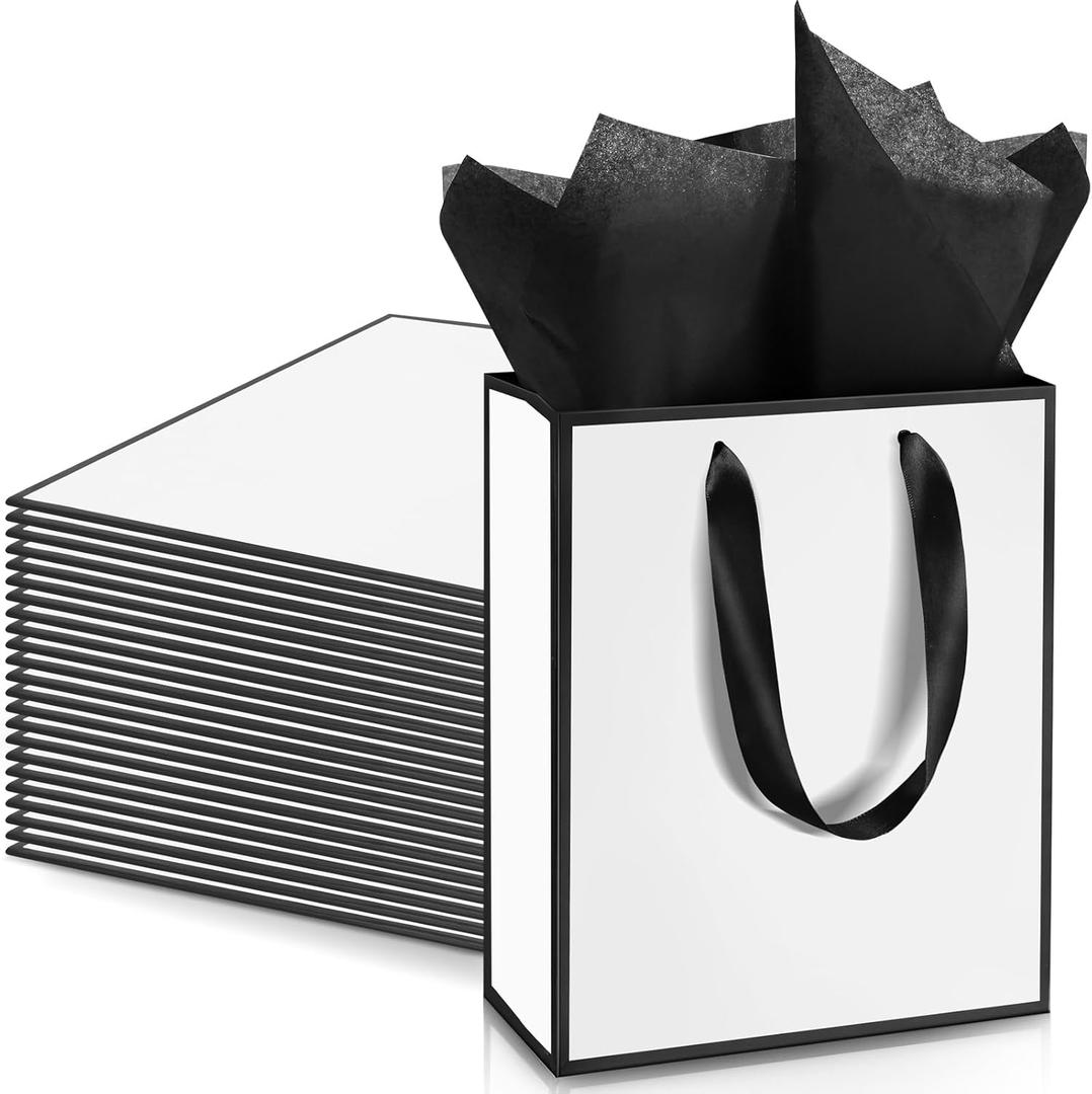 Yeaqee 24 Pack Metallic Paper Gift Bags with Handle and Tissue 9x7x3.1 Gold Foil Welcome Thank You Favor Bags Return Gifts for Wedding Mothers Graduation Bridesmaid Birthday(White Black)