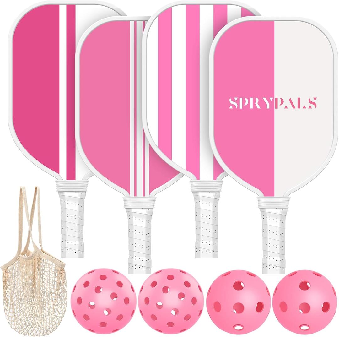 Pickleball Paddles Set of 4, USAPA Approved Pickleball Set of 4 with 4 Pickleball Balls & 1 Carry Bag Premium Wooden Cute Pickle Ball Paddles Grip Gifts for Women Youth Men (Pink/White)