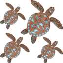 Tatuo 4 Pcs Summer Coastal Wall Decor Bathroom Beach Blue Wall Art Sea Turtle Surfboard Seahorse Starfish Seashell Conches Crabs Sea Life Decor for Bedroom Home (Retro Turtle Style)