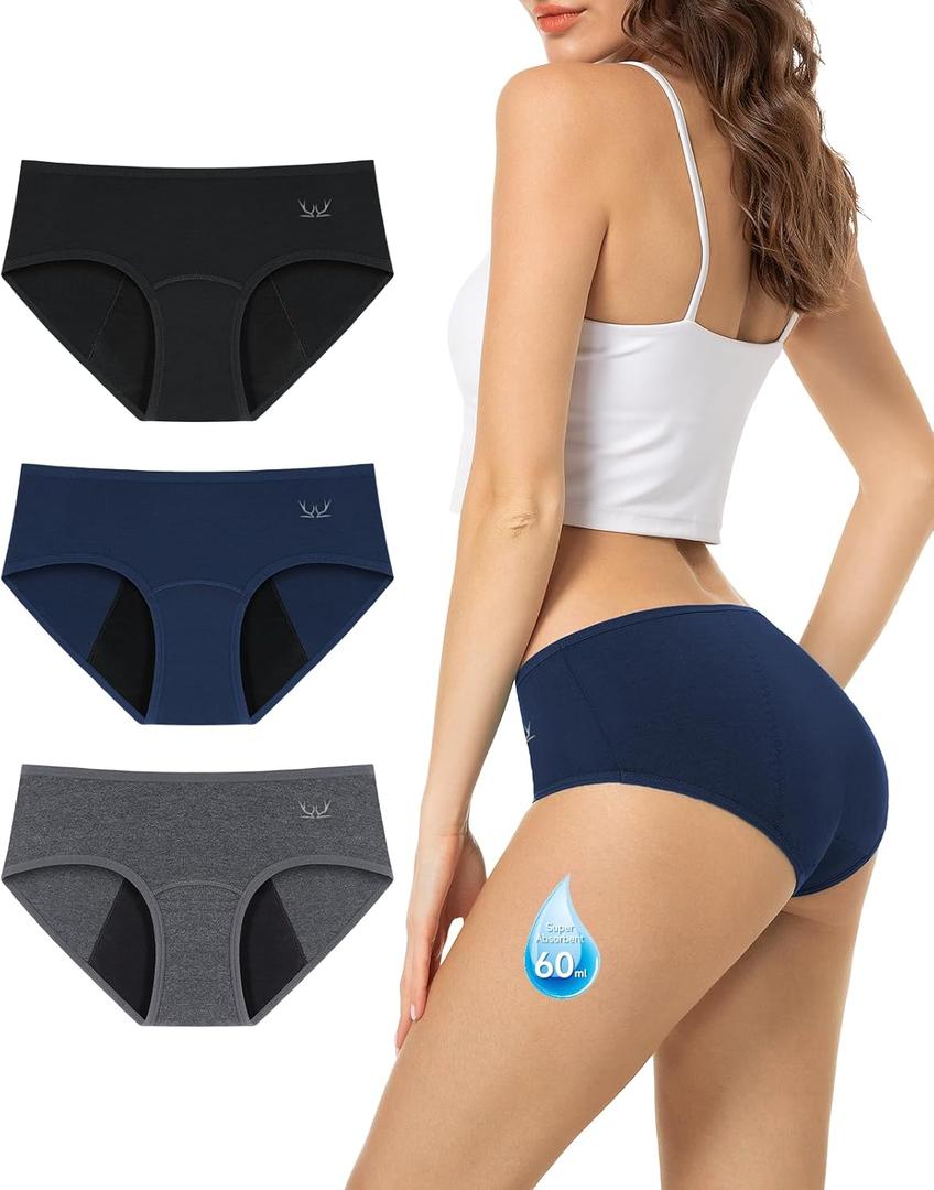 TANSTC Period Underwear for Women Heavy Flow Leakproof Menstrual Panties Postpartum Hipster Briefs 3 Pack (Medium, Black Blue Grey)