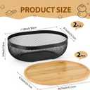 2 Pcs Oval Metal Mesh Storage Baskets with Tray Lids, Black Wire Organizer for Kitchen Countertop, Multi-functional Fruit and Bread Baskets for Home, Cabinet and Decorative Storage