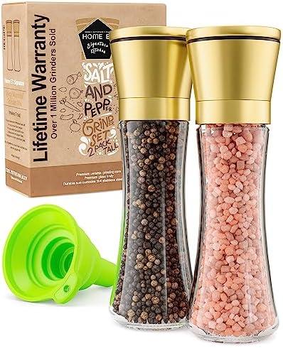 Home EC Original Gold Salt and Pepper Grinder Set of 2 - Adjustable Ceramic Grinder - Tall Glass Salt and Pepper Shakers With Funnel and Ebook - Kitchen Spice Mill - Gold Kitchen Accessories