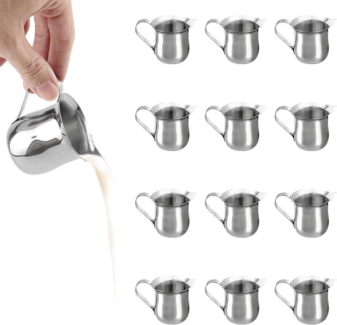 3 Oz Small Creamer Pitcher, Stainless Steel Bell Creamers, Mini Creamer Dispenser with Pouring Spout for Cream, Milk, Salad Dressing, Maple Syrup, 12Pack