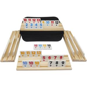 Rummy Cube 4 Player Edition with 4 Wooden Racks, Rummy Cube Game with Case 4 Players with Portable Case 106 Tiles Rummy Cube Travel Game Set for Family Adults Kids