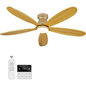 52 Inch Wood Ceiling Fans with Lights and Remote, Low Profile Flush Mount Modern Ceiling Fan with Light, 5 Blades, Dimmable, Wall Switch, Indoor Outdoor Black Ceiling Fan for Bedroom