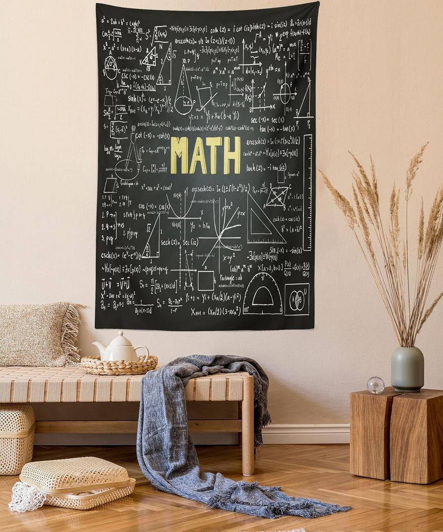 Lunarable Mathematics Classroom Tapestry, Dark Blackboard Backdrop with Math Equations Geometry Axis Art, Fabric Wall Hanging Decor for Bedroom Living Room Dorm, 23" X 28", Green Yellow