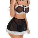 See Through Lingerie Sets Naughty Outfits for Women Mesh Sheer Bra Mini Skirt with Thong Underwire (Black, L)