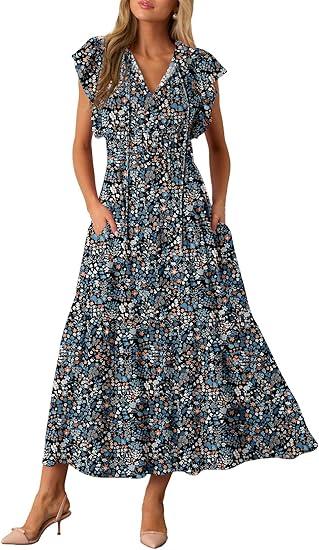 BLENCOT Womens Maxi Summer Casual Dresses Cap Short Sleeve V Neck Beach Flowy Fashion Boho Floral Printed Tie Dresses with Pockets, P220, M