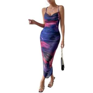 SOLY HUX Women's Tie Dye Cowl Neck Split Hem Bodycon Cami Dress Backless Long Dresses XL