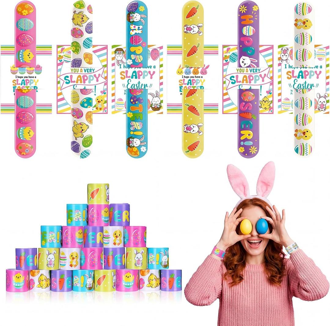 24 Pcs Easter Slap Bracelets Bulk Easter Basket Stuffers Snap Wristband with Cards for Egg Hunt Egg Fillers Gifts Sunday School Party Favors