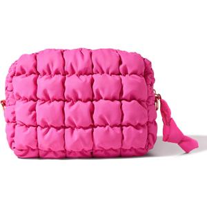 Yarnic Quilted Makeup Bag Cosmetic Bag, Travel Toiletry Bag for Women, Cute Makeup Bag Organizer Hot Pink Puffer Makeup Pouch (M, Hot Pink)