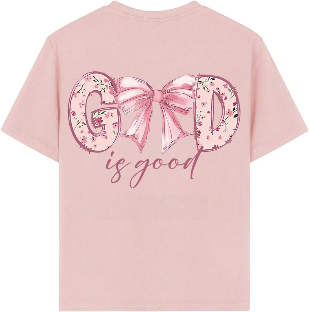 WDIRARA Girl's Bow Graphic T Shirt Crew Neck Short Sleeve Tee Cute Tops (Pink)