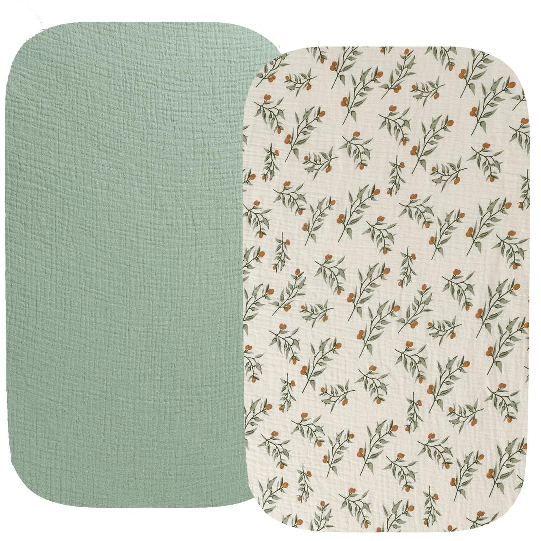 Muslin Bassinet Sheet Compatible with Papablic, Cowiewie, HARPPA, Nordmiex (3 in 1), AMKE Bassient(33x19), 2 Pack Cotton Fitted Bassinet Sheets Super Soft for Baby Roman Green & Botanical Leaf