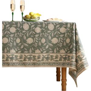 Grayish Green Rectangular Tablecloth,Linen Table Cloth with Light White Flowers Pattern,Heavy Durable Table Cover for Dining Thanksgiving Kitchen Decor Party Banquet Christmas,67"*118"