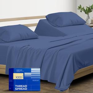 THREAD SPREAD 100% Pure Egyptian Cotton Split King Sheets Sets for Adjustable Bed - 1000 Thread Count 5 PC Top Split King Sheet for Sleep Number Bed, Cooling Sheets, Fits Mattress upto 18" - Deep Blue