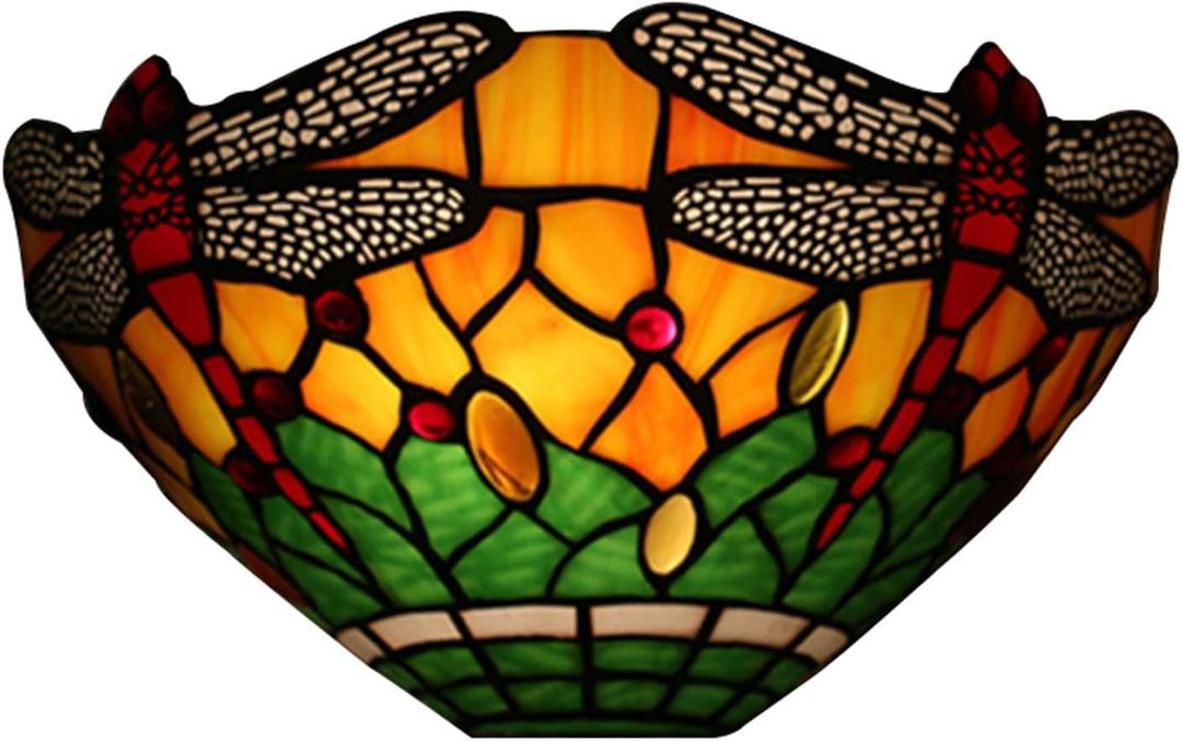 Tiffany Style Dragonfly Sconce Wall Lights Stained Glass Uplighter Shade Wall Lamp Vintage Mediterranean Wall Sconce Lamp for Bedroom Living Room Hallway, 10.6" 7.5",B
