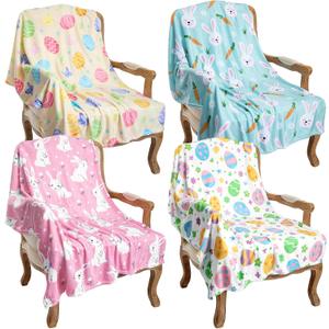Buryeah 4 Pcs Easter Blankets Eggs Rabbit Throw Blanket Soft Cozy Lightweight Flannel Blanket Warm Colorful Easter Gifts for Couch Chair Sofa Bed and Travel 40x50 Inch