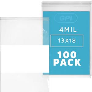 GPI - 13" x 18" - Bulk Pack of 100, 4 Mil Thick, Heavy Duty, Clear Plastic Reclosable Freezer Zip Bags, With White Block for Labeling, Strong & Durable Poly Baggies With Resealable Zipper Top Lock.