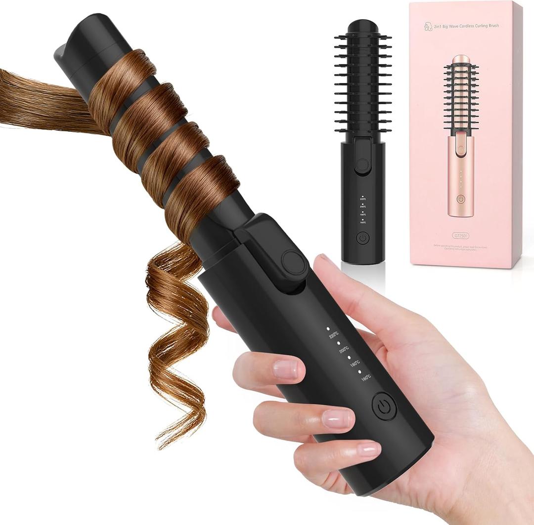 Cordless Curling Iron Rechargeable, 3-in-1 Portable Hair Curler Straightener Brush, 7000mAh with 4 Temps, Anti-Scald & Anti-Frizz Mini Curling Wand for Travel Styling (Black)