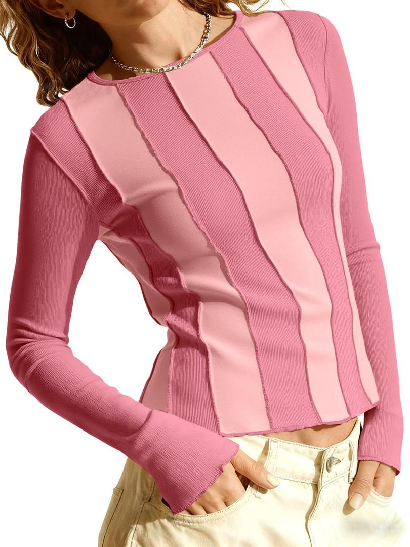 Tankaneo Womens Fitted Long Sleeve Shirts Ribbed Knit Going Out Tops Y2k Trendy Casual Crew Neck Tees Shirts (Pink), Medium