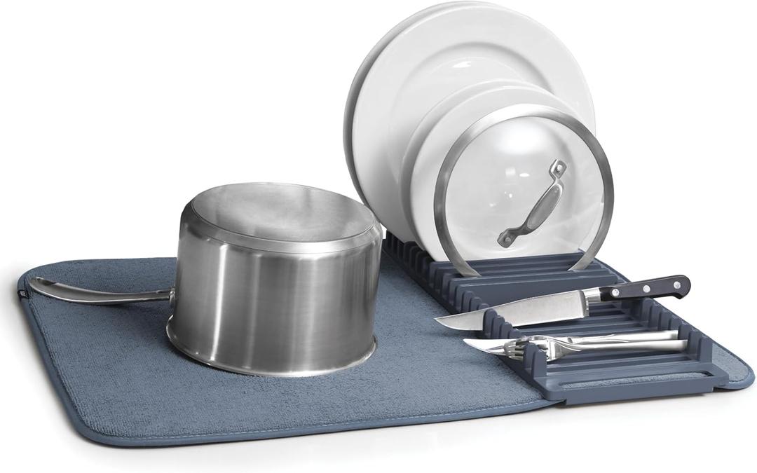Umbra Udry Dish Rack and Microfiber Drying Mat  Space-Saving Design Folds Up for Easy Storage, Basic Rack, Denim