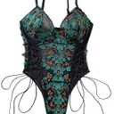 Lilosy Women Sexy Lace Up Floral Embroidered Teddy Lingerie Bodysuit Top Mesh Sheer One Piece 2XL