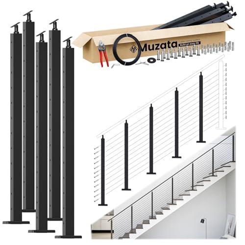 Muzata 16-20FT Modular Black Cable Railing Kit 42 Inch 5 Stair Post Kit Complete Set Cable Railing System for Stairs Length Adjustable Easy DIY with Paper User Guide (No Handrail) RW27