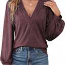 Agnes Urban Womens V Neck Long Sleeve Tops Dressy Casual Fall Shirts Puff Sleeve Loose Tunic Trendy Tops Blouses (Red)