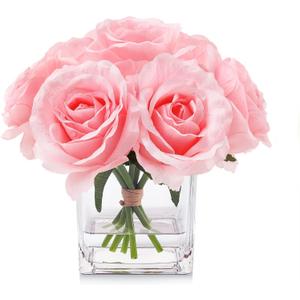 7 Large Stem Pink Rose Artificial Flowers in Vase, Fake Rose with Fake Flowers in Vase for Home Decor, Wedding Table (Pink)