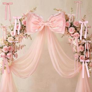 13Pcs Large Pink Pearl Silk Satin & Tulle Bow Coquette Decor,17x55 Inch Giant Bow with 12 Small Satin Bows, DIY Photo Backdrop Wall Hanging Decor for Wedding Bridal Baby Shower Birthday Girl Room