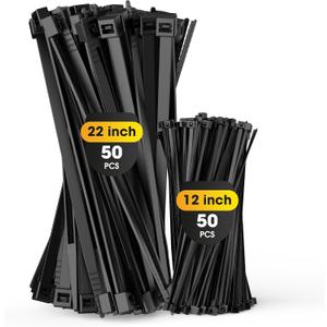 Zip Ties Heavy Duty, 250 LBS 22+12 Inch 100PCS Industry Cable Ties Tensile Strength 0.5 Inch Width Extra Large Wire Ties Adjustable Nylon Tie Wraps for Home, Garden, DIY, Industry Work, Black 