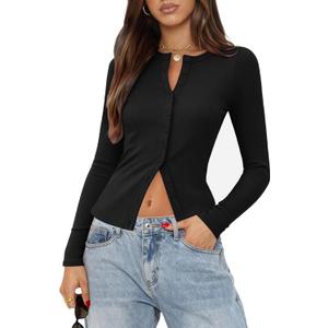 Gleeneat Womens Ribbed Long Sleeve Going Out Tops Button Down Up Cardigan Sweaters Lightweight Regular Length Cute Cardigan M