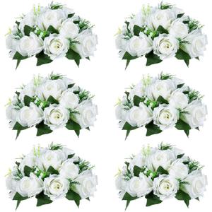 NUPTIO Pcs of 6 Fake Flower Ball Arrangement Bouquet,15 Heads Plastic Roses with Base, Suitable for Our Store's Wedding Centerpiece Flower Rack for Parties Valentine's Day Home Dcor (Pure White) (6 Pcs)