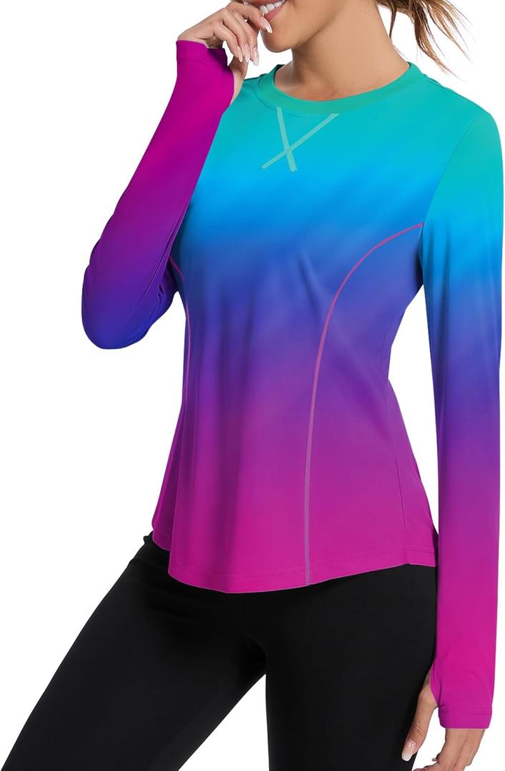 Avoogue Women UPF 50+ UV Shirts Long Sleeve with Thumb Holes Workout Sun Shirt Quick Dry Athletic Hiking Running Tops (Medium, Gradient Rainbow)