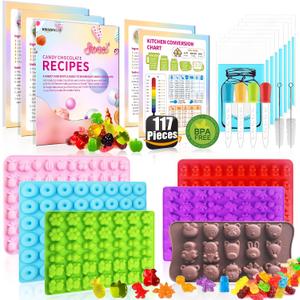 117Pcs Silicone Gummy Bear Molds Kit with 100 Wrappers, 5 Recipe Cards, 4 Droppers & 2 Brushes,Non-Stick Candy Mold for DIY Chocolate, Gummy Bears, Party Favors (Dinosaur, Bear, Fruits, Donut Shapes)