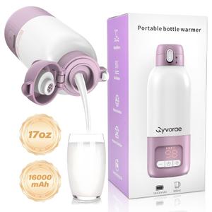 Portable Bottle Warmer for Travel, 17 oz Large Capacity & 16000mAh Extended Battery Life, 8 Temp Contorl, Breastmilk/Formula/Water/Milk 2Min Fast Warmer Heating, Ideal for Travel, Outdoor (Purple)