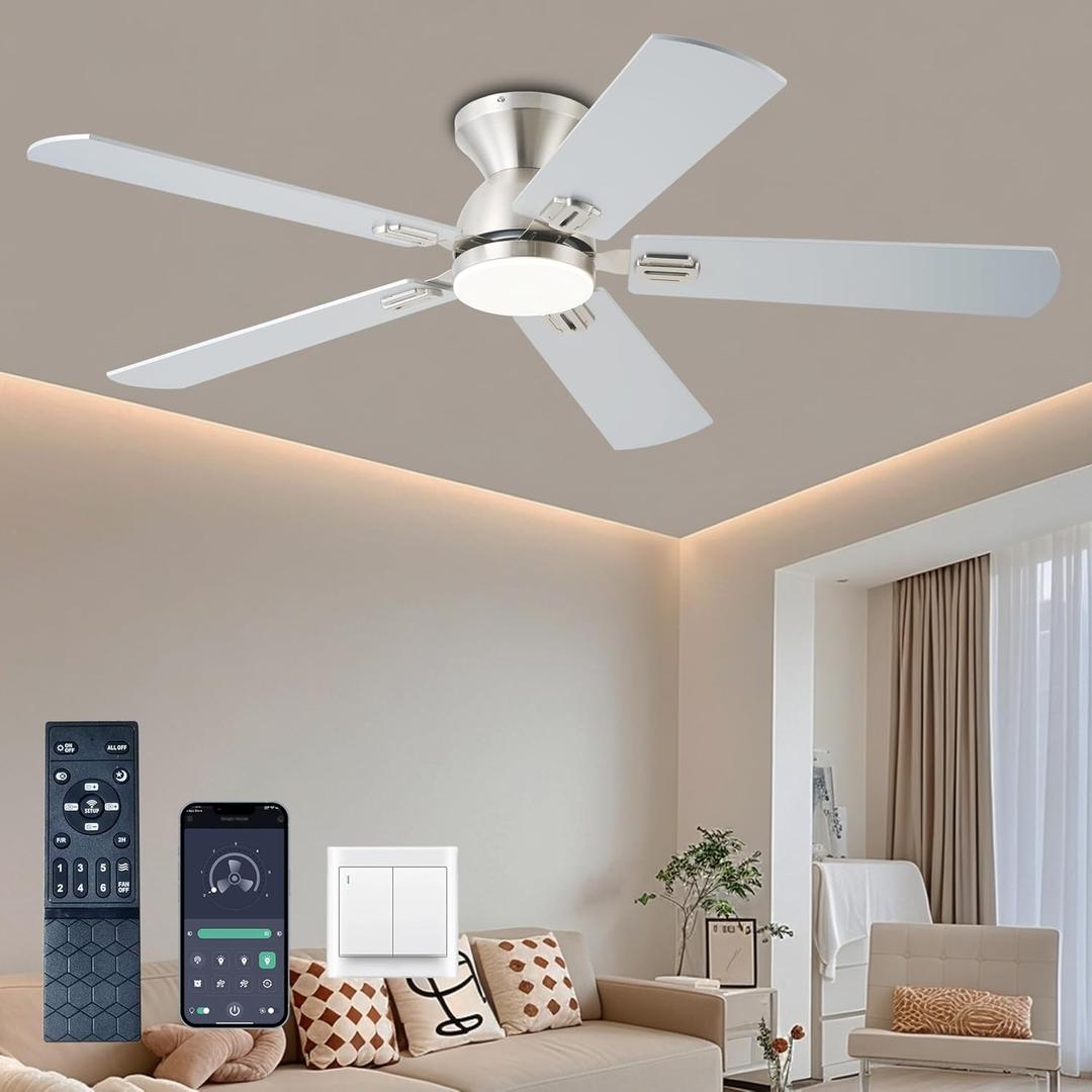 KNUN Ceiling Fan with Light,52 Inch Low Profile Ceiling Fans with Remote Control and App,3 Color Dimmable LED, 6 Speeds DC Reversible,Noiseless, Flush Mount Ceiling Fan for Bedroom, Patio