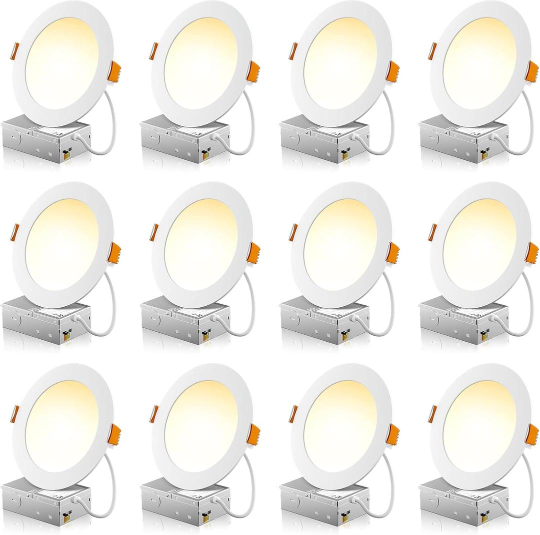 12 Pack 6 Inch 5CCT Ultra-Thin LED Recessed Ceiling Light with Junction Box, 2700K/3000K/3500K/4000K/5000K Selectable, 1050LM Brightness, Dimmable Canless Wafer Downlight, 12WEqv110W, ETL&FCC