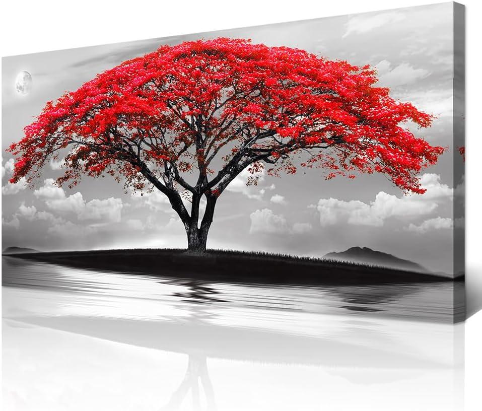 Wapluam Black And White Pictures Large Canvas Prints Wall Art For Living Room Bedroom Wall Decor Red Tree Landscape Painting To Hang Modern Home Decorations For Office Stretched And Framed Artworks, 40"L x 20"W
