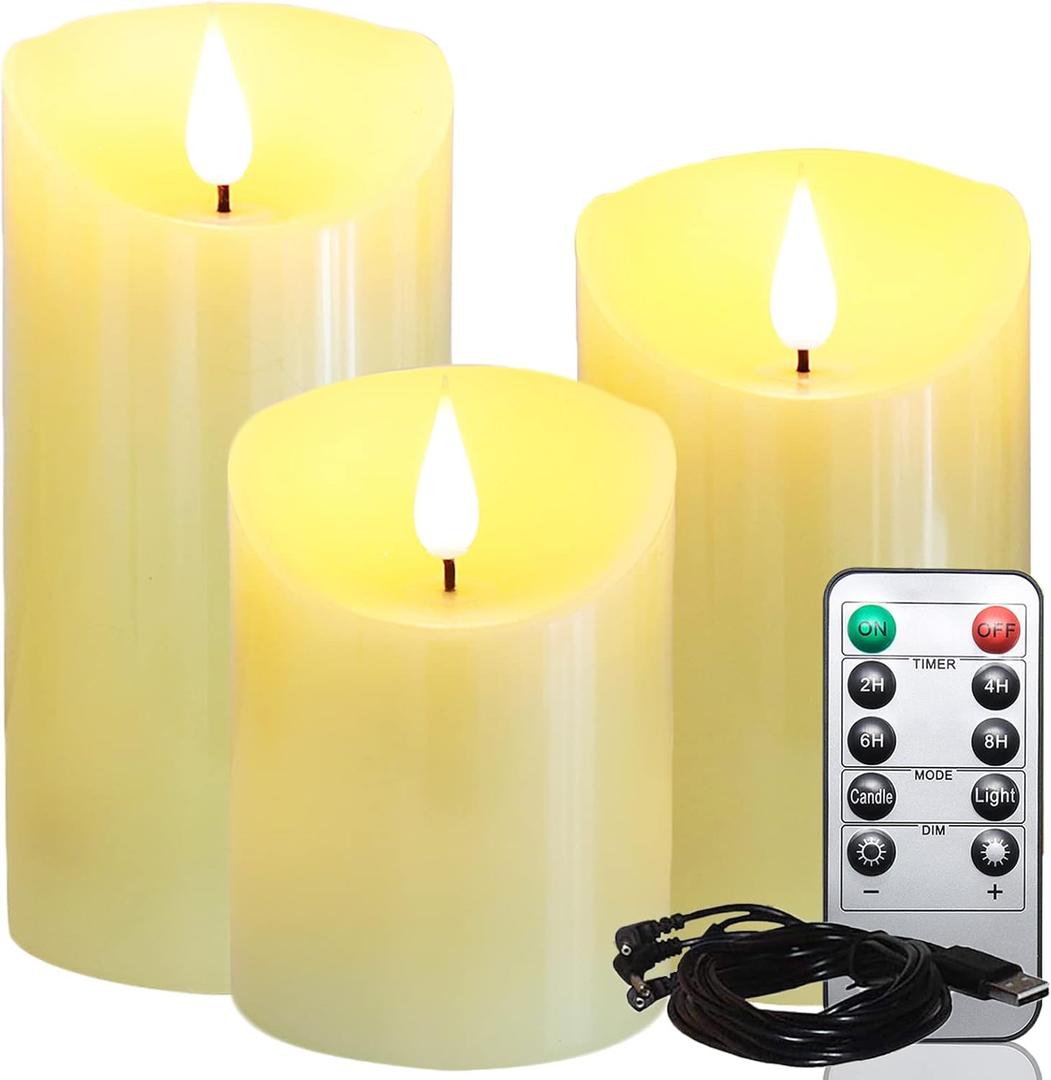 Lezonic Rechargeable Flickering Flameless Candles Battery Operated with Remote and Timer, Pack of 3(D 3'' X H 4''5''6'') Long Lasting Ivory White Real Wax LED USB Pillar Candles