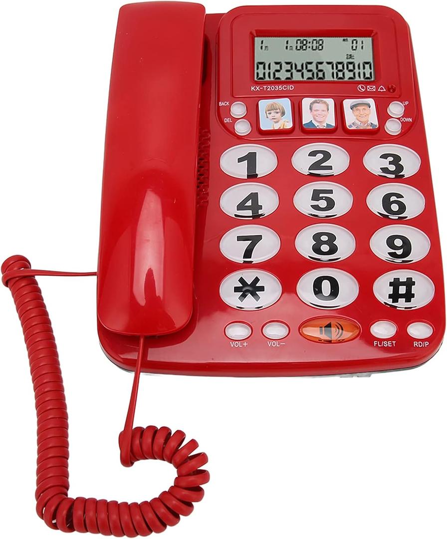 Big Phone for Seniors, Corded Phone with Caller ID, Adjustable Ringtone, and Speed Dial Memory, Wall Mountable Wired Landline Telephone for Hearing and Visually Impaired(Red)