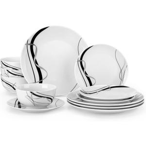 VEWEET Porcelain Dinnerware Sets for 4, 12 Pieces Plates and Bowls Set with Black and Grey Ribbon Lines, Dishes Set Dining Ware for Dinner, Microwave and Dishwasher Safe, Series FIONA