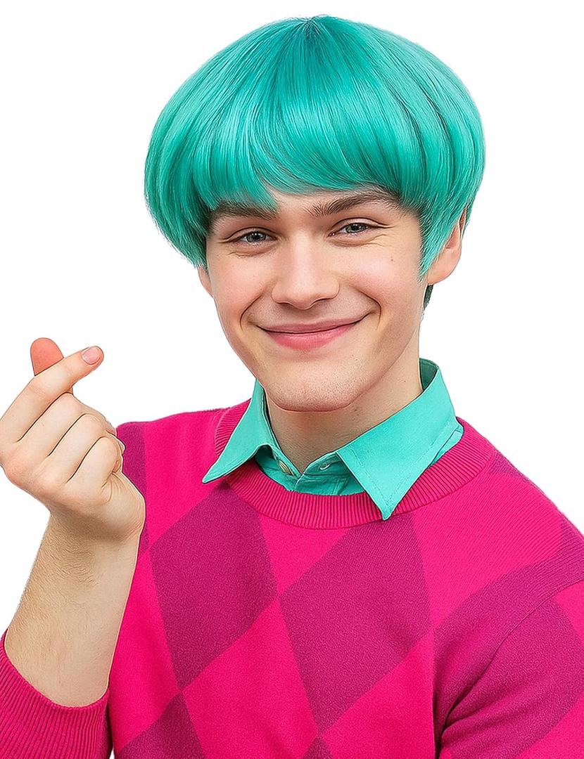 Short Green Fluffy Cosplay Wig for Men with Full Bangs - Anime Cosplay Wigs for Mens Halloween Costume Party (Green)