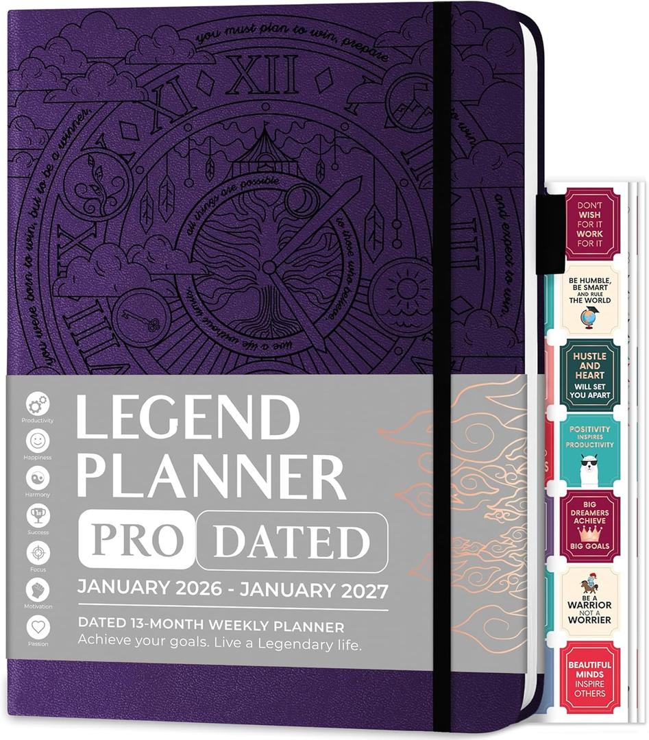 Legend Planner PRO Dated Jan 2026-Jan 2027  Deluxe Weekly & Daily Organizer with Time Slots. Appointment Book Journal for Work & Time Management, A4 Hardcover (Dark Purple)
