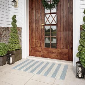 LEEVAN Outdoor Porch Rug 24"x51", Washable Front Door Mat, Spring Plaid Welcome Mat Outside Entrance, Blue and White Striped Outdoor Entryway Rug, Farmhouse Buffalo Porch Layered Doormats Entry